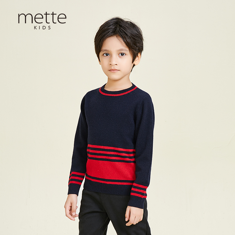 METTE羊绒世家2020秋冬童装中大童新款100%山羊绒衫时尚条纹保暖毛衣