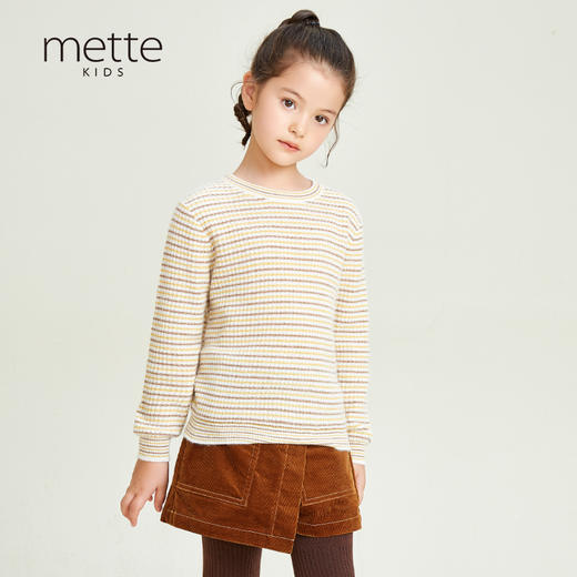 METTE羊绒世家童装女2020秋新品中大童女宝圆领条纹100%山羊绒衫 商品图0