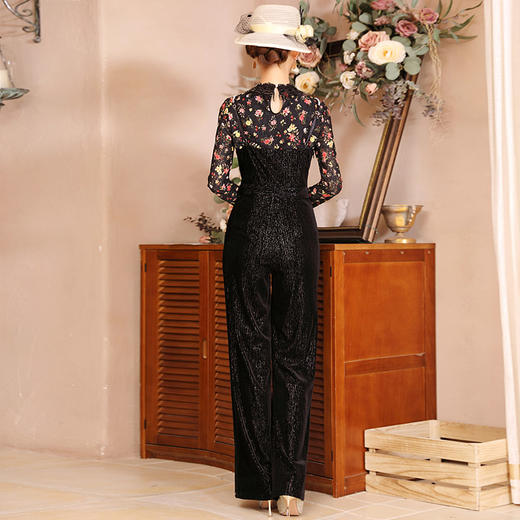 DLQ- A2678新款时尚蕾丝绣花长袖上衣丝绒长裤背带裤两件套WW 商品图1