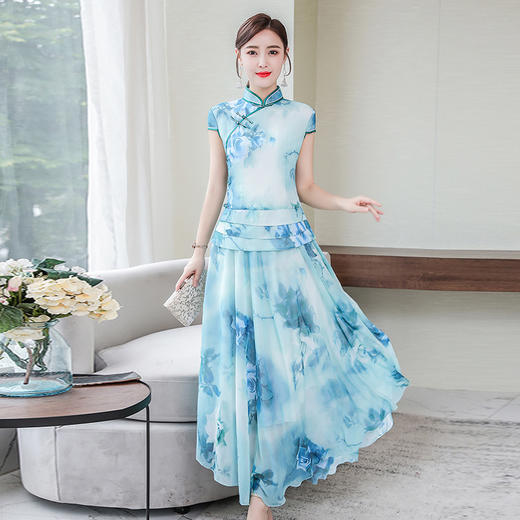 XYX-9307中国风复古女装旗袍印花两件套 商品图1