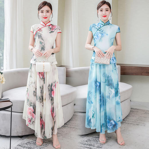 XYX-9307中国风复古女装旗袍印花两件套 商品图0