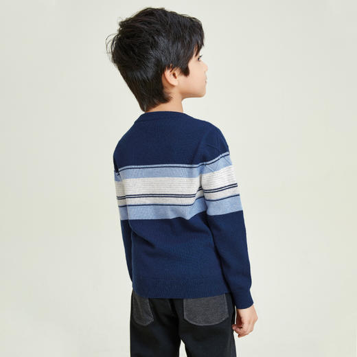 METTE羊绒世家童装中大童2020秋新款100%山羊绒衫男宝圆领保暖条纹毛衣 商品图2