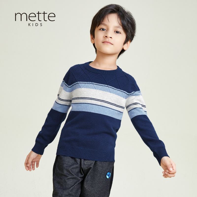 METTE羊绒世家童装中大童2020秋新款100%山羊绒衫男宝圆领保暖条纹毛衣
