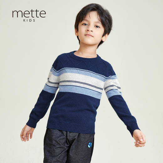 METTE羊绒世家童装中大童2020秋新款100%山羊绒衫男宝圆领保暖条纹毛衣 商品图0