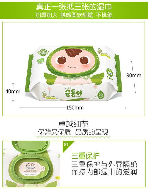韩国进口 顺顺儿婴儿童湿巾绿色便携装宝宝手口巾20片*20包/箱 商品图1