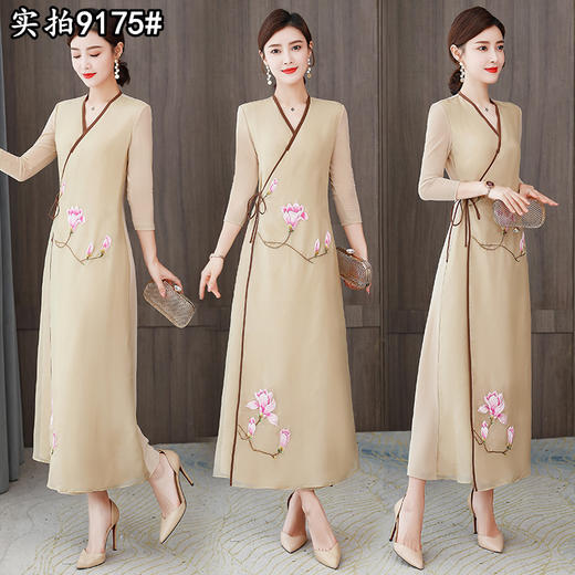 XYX-9175汉服长裙V领修身气质玉兰刺绣桑蚕丝连衣裙 商品图0