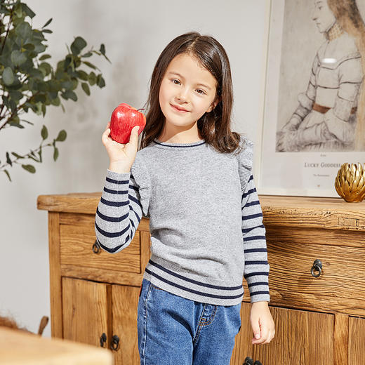 METTE羊绒世家童装20秋女童中大童100%山羊绒衫荷叶边条纹保暖毛衣 商品图2
