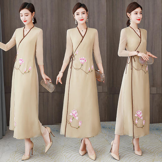 XYX-9175汉服长裙V领修身气质玉兰刺绣桑蚕丝连衣裙 商品图1