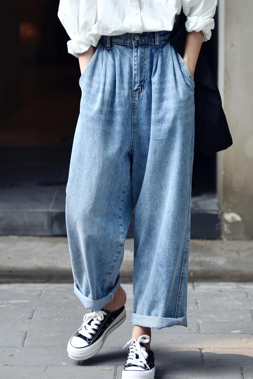 特惠7折n9006文艺洋气水洗磨色字母刺绣松紧腰休闲宽腿牛仔裤女