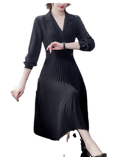 DLM-6183新款修身百褶气质胖妹妹大码纯色V领连衣裙WW 商品图4