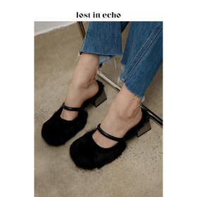 【微瑕疵不退不换】lost in echo设计师原创 兔毛圆头金属方跟拖鞋