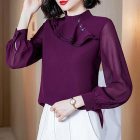 YHSS692543新款时尚气质休闲立领荷叶边长袖拼接衬衫