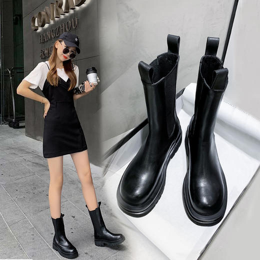 【mona中筒靴厚底切尔西靴女】烟筒英伦风短靴女鞋马丁靴 商品图0