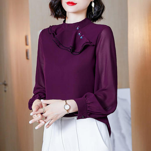 YHSS692543新款时尚气质休闲立领荷叶边长袖拼接衬衫 商品图2