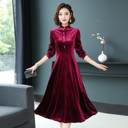 6319新款长袖中长款气质时尚复古显瘦金丝绒连衣裙zxh - 唐织绾女装店