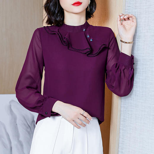 YHSS692543新款时尚气质休闲立领荷叶边长袖拼接衬衫 商品图1