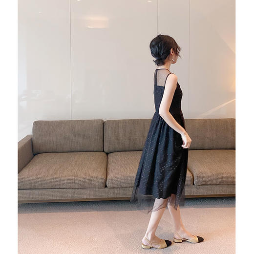  "昨夜星辰" 韩国进口面料 鎏金黑色网纱气质小黑裙连衣裙 商品图3