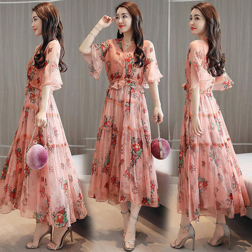 HR-YQH875长裙夏新款碎花裙气质收腰韩版显个舒适雪纺连衣裙潮 商品图0
