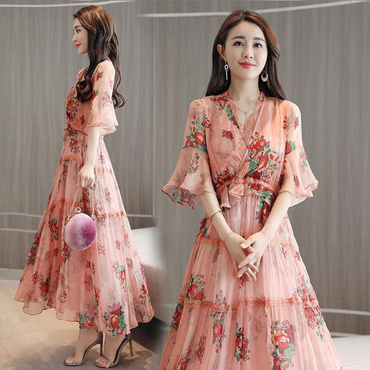 HR-YQH875长裙夏新款碎花裙气质收腰韩版显个舒适雪纺连衣裙潮 商品图2