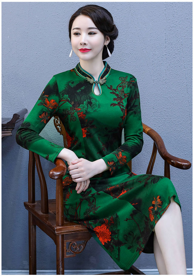 jxg送项链春秋改良旗袍连衣裙新款旗袍女修身中老年妈妈装旗袍裙