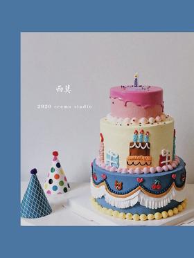 三层卡通手绘蛋糕