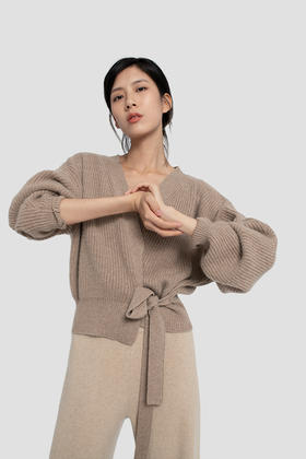 2020设计款女士无染色羊绒加厚打花系带廓形开衫