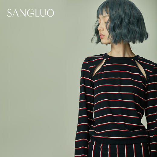 条纹针织睡衣套装SANGLUO桑罗镂空运动时尚条纹上衣女性感包臀裙 商品图1