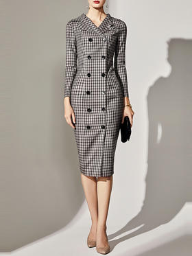 J8382962B颈袖添香品牌装新款时尚气质中长款格子羊毛长袖包臀女士连衣裙