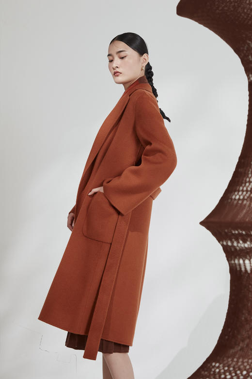 秋冬 女装小翻领水波纹羊绒呢大衣 SJF92W823N 商品图1