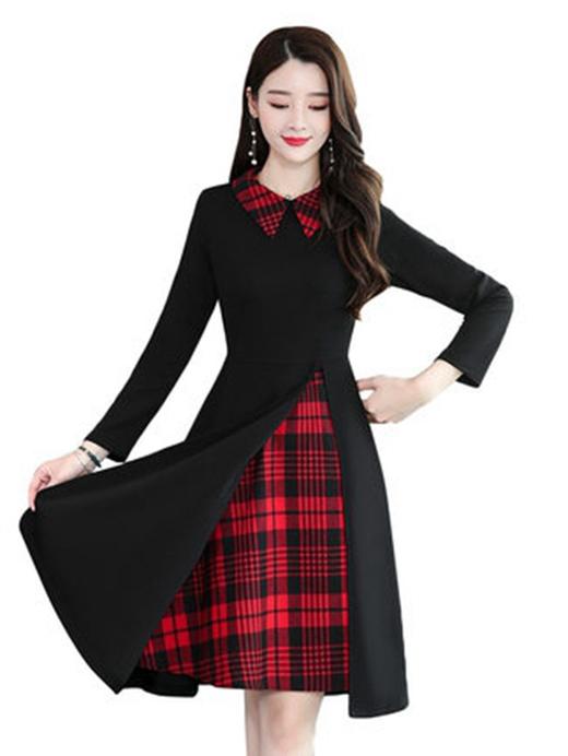 格子拼色假两件修身显瘦中长款连衣裙(货号 ny2513)