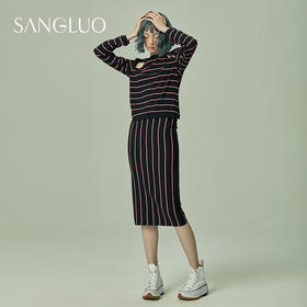 条纹针织睡衣套装SANGLUO桑罗镂空运动时尚条纹上衣女性感包臀裙