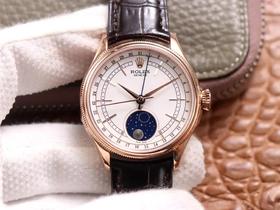 UU劳li士切利尼m50535-0002月相型腕表，尺寸：39×11.8mm，定制Cal.3195原装机芯，男士腕表，牛皮表带，自动机械机芯，密底