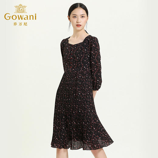 乔万尼新款秋季法式复古七分袖压褶收腰显瘦印花飘逸连衣裙ES3E538 商品图1