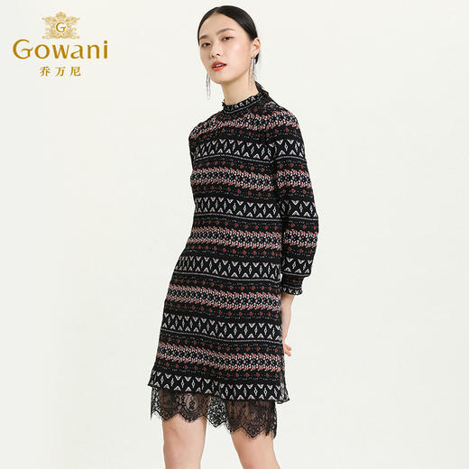 乔万尼新款女连衣裙秋冬时尚蕾丝拼接条纹休闲长袖A字中长裙ES3E502 商品图1