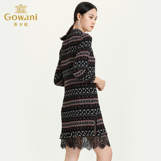 乔万尼新款女连衣裙秋冬时尚蕾丝拼接条纹休闲长袖A字中长裙ES3E502 商品图3