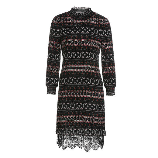 乔万尼新款女连衣裙秋冬时尚蕾丝拼接条纹休闲长袖A字中长裙ES3E502 商品图4