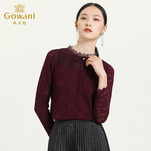 乔万尼早秋上衣女拼接设计蝴蝶结吊坠重工蕾丝气质优雅衬衣ES3C517 商品图1