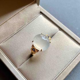 冰种翡翠鸽子蛋戒指18k黄金蓝宝石镶嵌