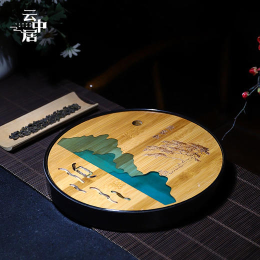 黑色圆形迎客松茶盘 商品图0