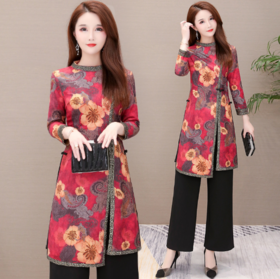 QYM-JBH08早秋民族风新款成熟气质40岁以上阔腿裤+上衣两件套