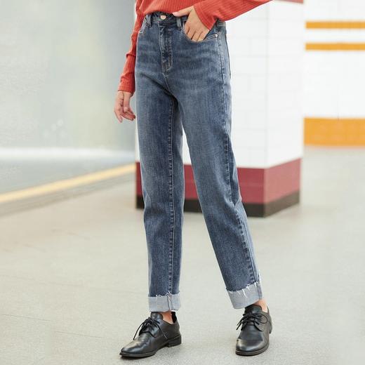茵曼宽松牛仔裤女2020年秋季新款显瘦水洗中腰毛边卷裤脚直筒长裤