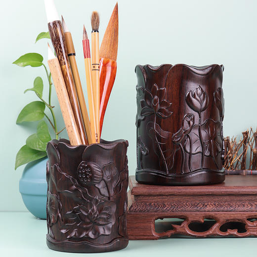 黑檀木笔筒雕刻原木复古毛笔筒办公桌中式文房四宝书房礼品