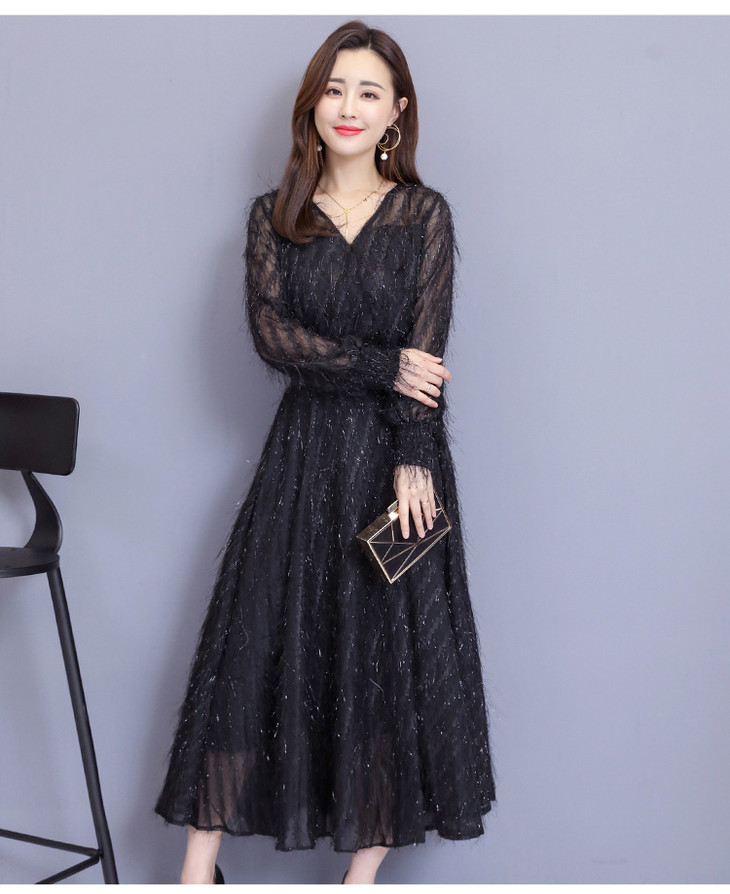 ahm-nrh2928新款时尚优雅气质修身显瘦v领长袖流苏长款连衣裙