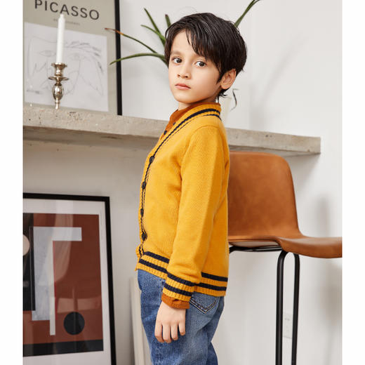 METTE羊绒世家童装男中大童100%山羊绒开衫时尚撞色条纹V领开衫保暖外套 商品图2