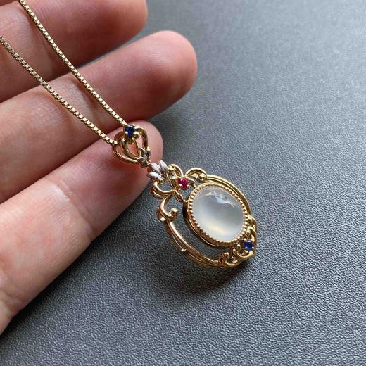 冰种厚庄翡翠蛋面吊坠18k黄金红蓝宝石镶嵌 商品图7