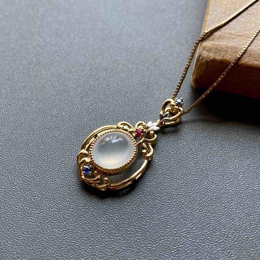 冰种厚庄翡翠蛋面吊坠18k黄金红蓝宝石镶嵌