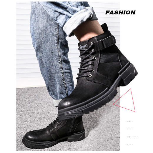 强人马丁靴男头层牛皮透气耐磨复古户外靴子便捷侧拉链有型百搭男靴 Q3DXA218031 商品图9