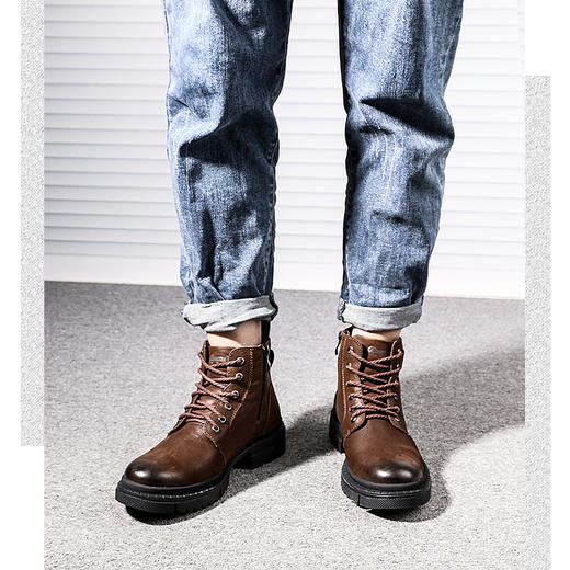 强人马丁靴男头层牛皮透气耐磨复古户外靴子便捷侧拉链有型百搭男靴 Q3DXA218031 商品图11