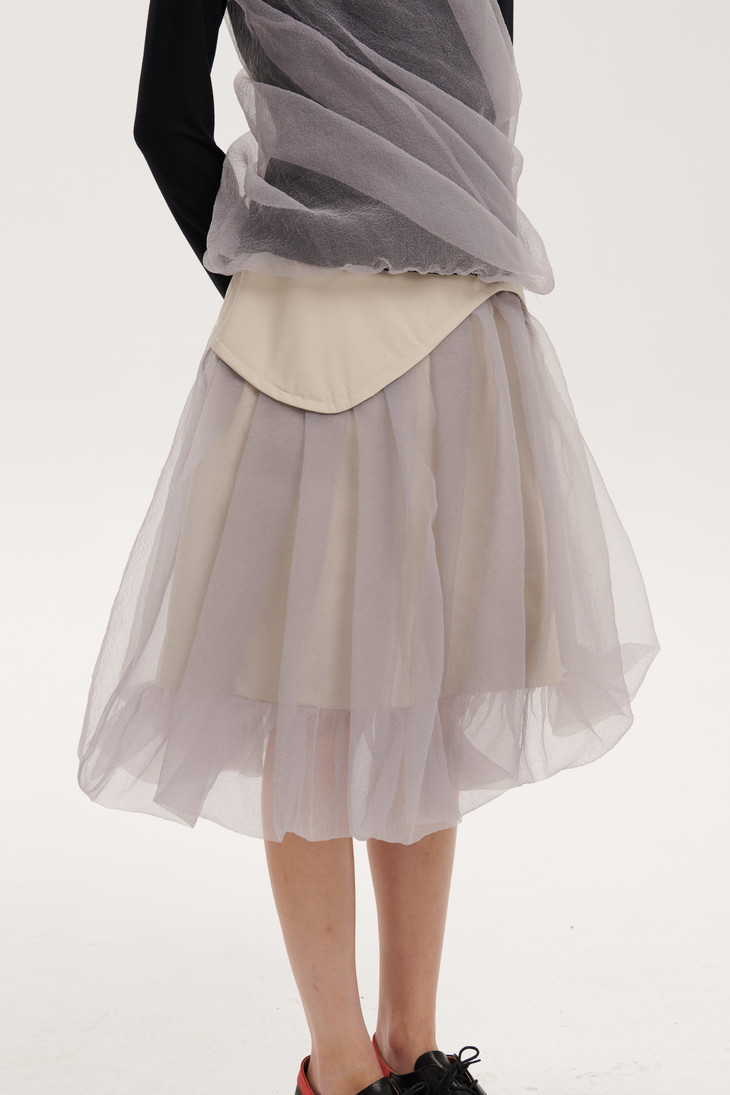 烟灰拼纱蓬蓬半裙