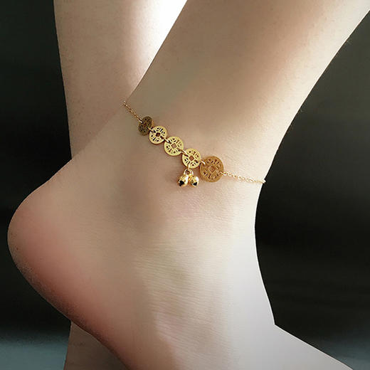 特卖价65芭莎饰品韩版简约个性感钛钢铜钱脚链女铃铛ins镀18k金森系